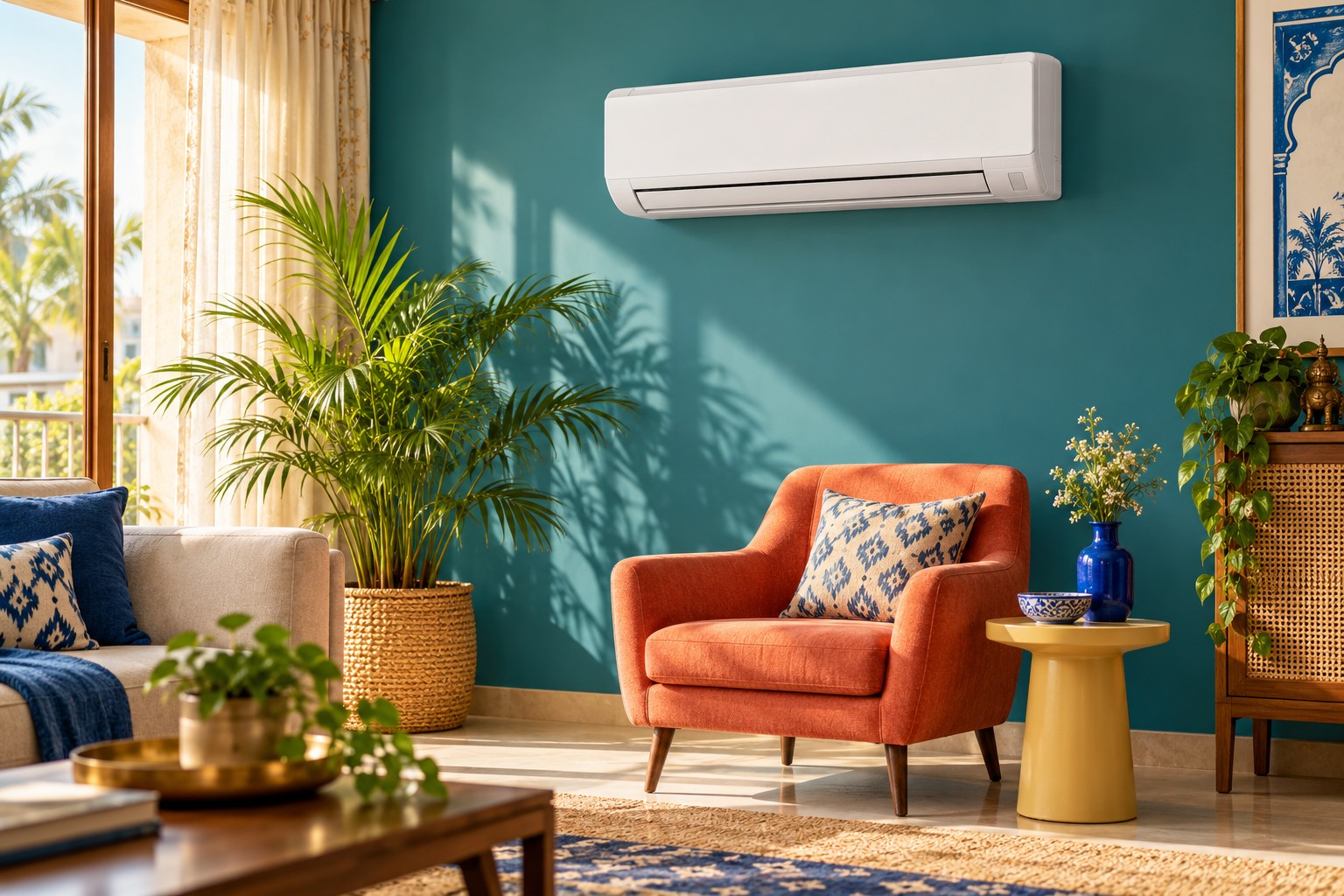 White split AC above a coral chair in a bright teal living room