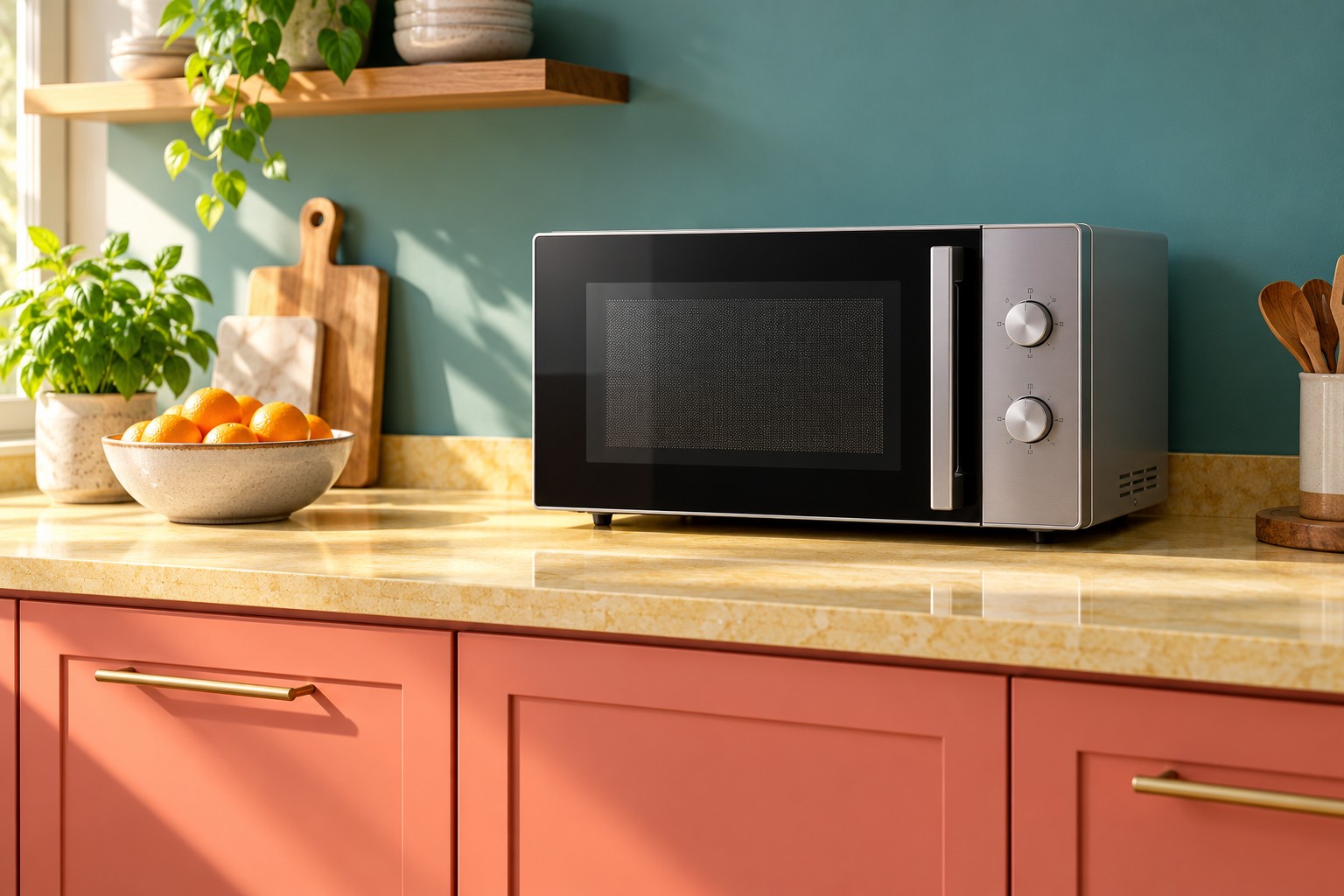 Silver countertop microwave in a colourful teal and coral kitchen