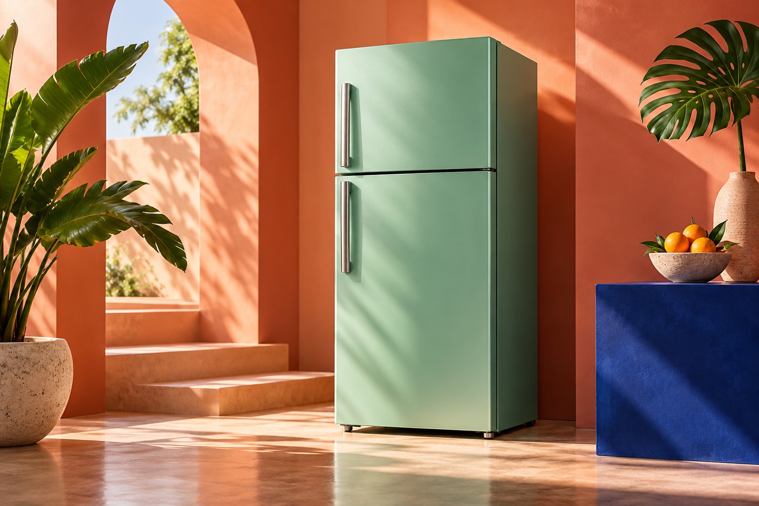 Mint green refrigerator in a colourful coral studio