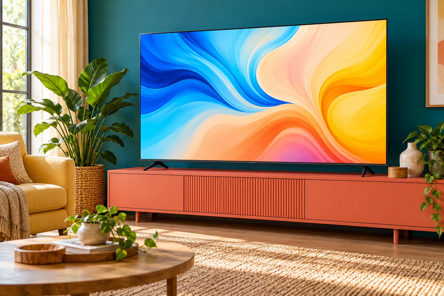 Television showing abstract colours on a coral console against a teal wall