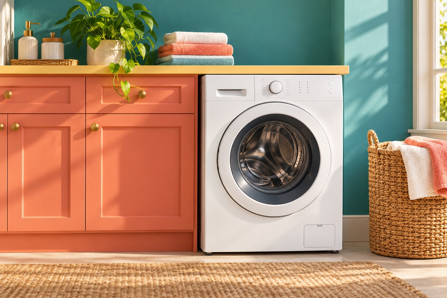 White front-loading washing machine in a colourful teal and coral laundry nook